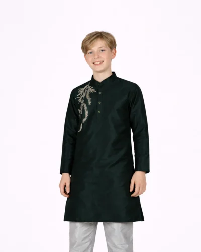 Maurya Vastra  Kids Midnight Green Embroidered Designer Silk Kurta