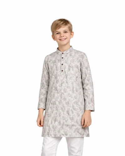 Ivory Tropical Print Mandarin Collar Kurta