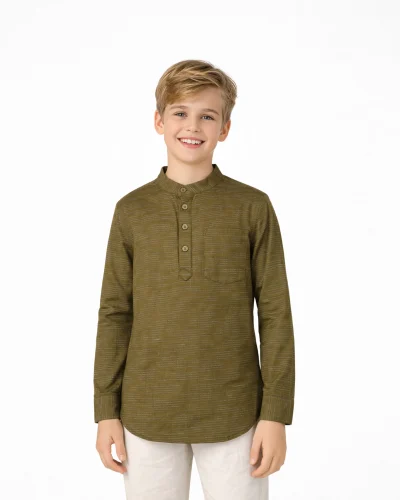 Jr. Warrior Boys Cotton Kurta – Olive Textured Ethnic Wear