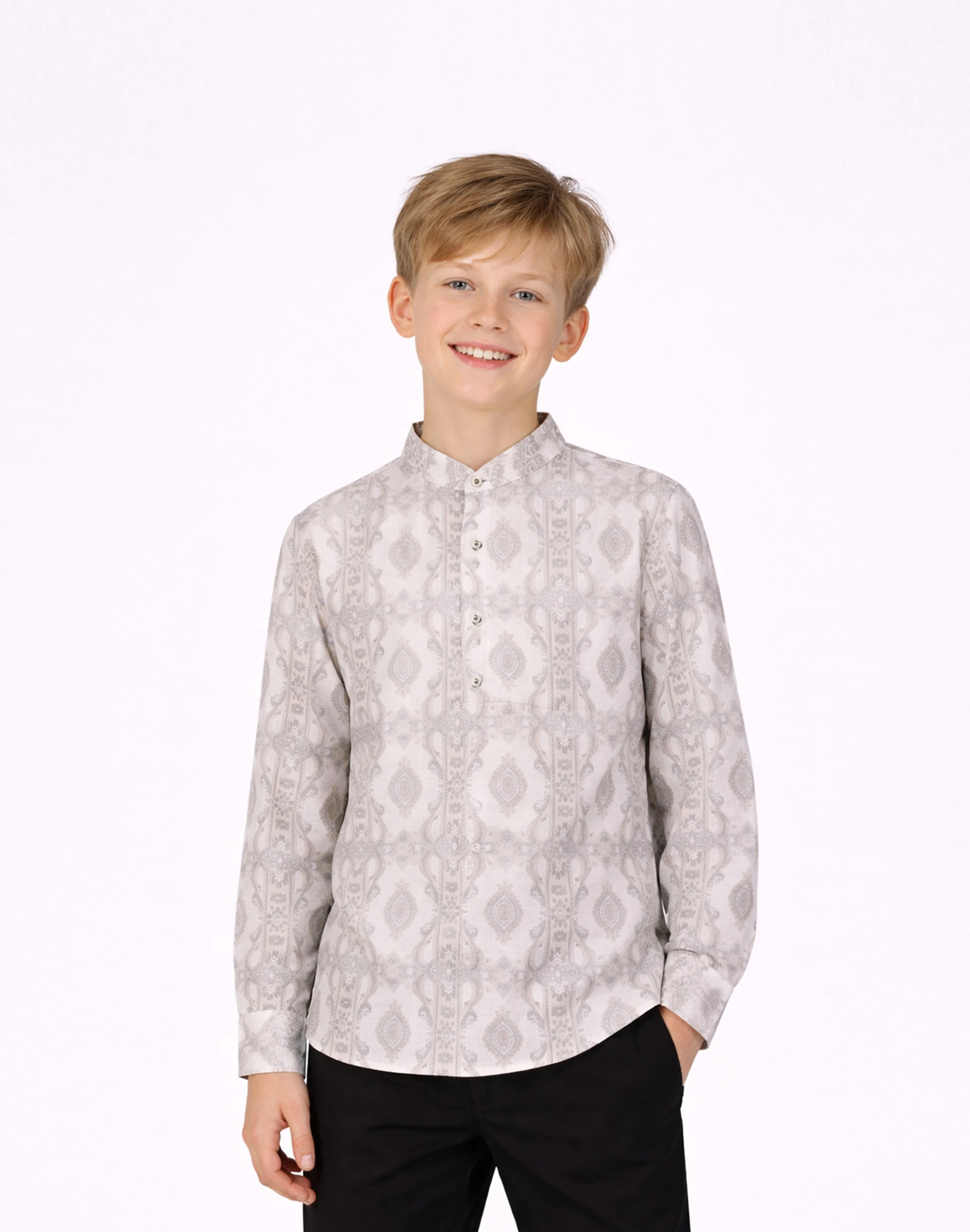 Jr. Warrior Boys Grey Ethnic Print Cotton Kurta (1)