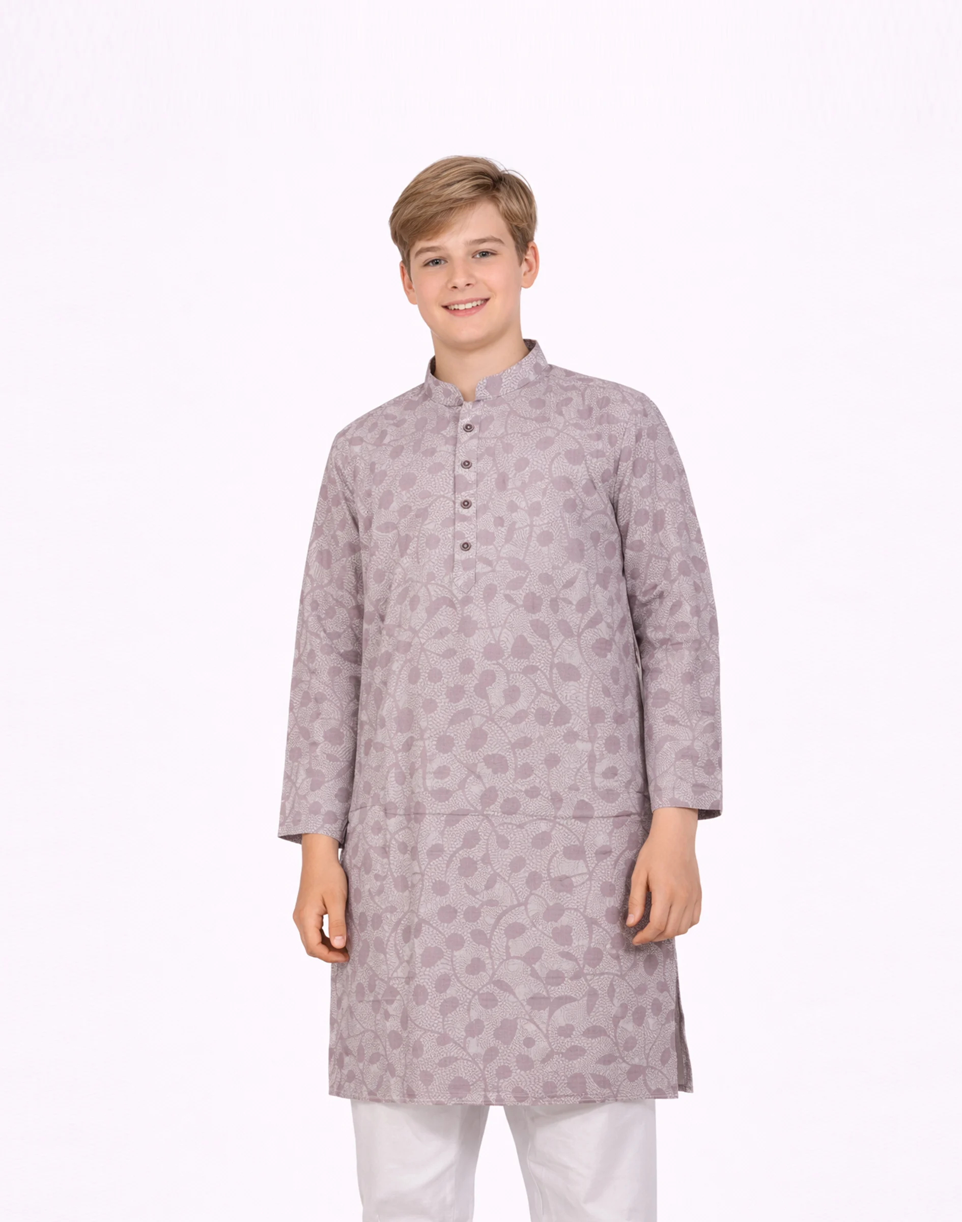 Jr. Warrior Boys Mauve Floral Print Cotton Kurta (1)