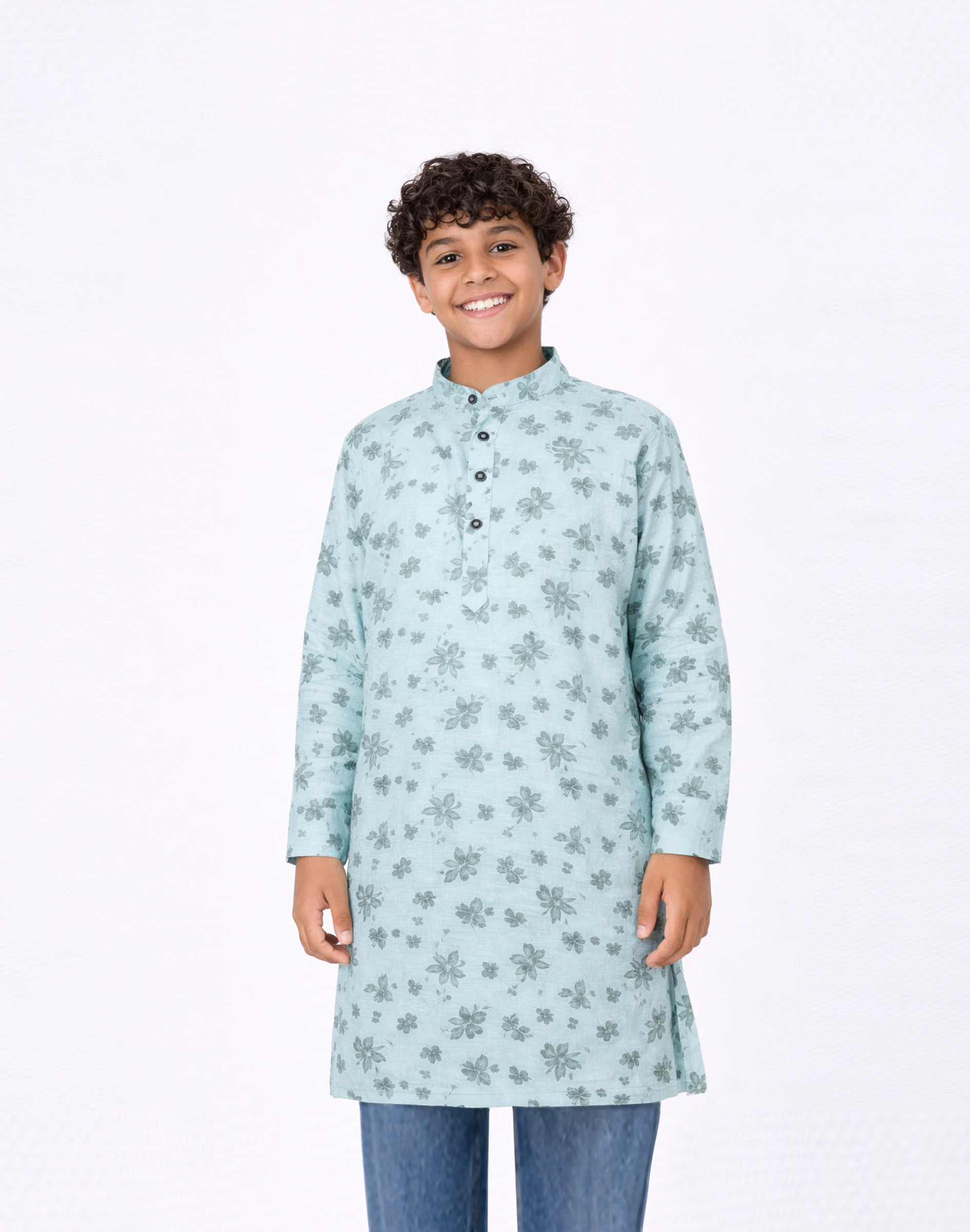 Jr. Warrior Floral Print Cotton Kurta – Pastel Aqua (1)
