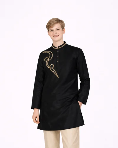 Maurya Vastra Black Raw Silk Embroidered Kurta