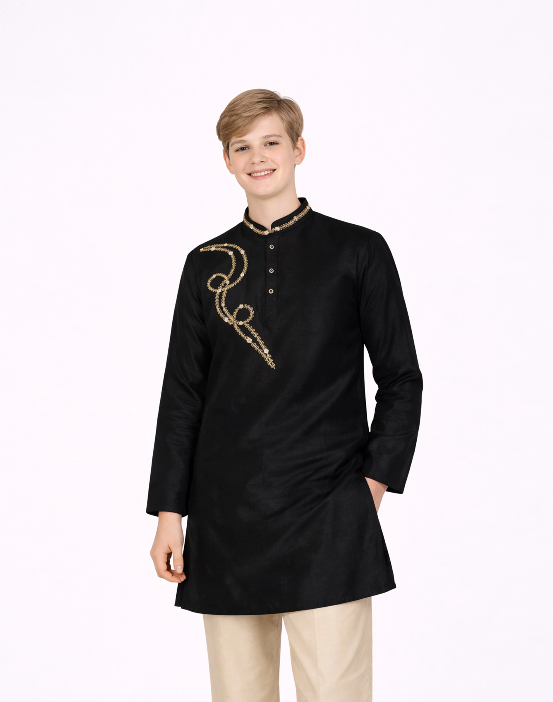 Maurya Vastra Black Raw Silk Embroidered Kurta (1)