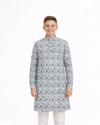 Maurya Vastra Blue Floral Printed Cotton Kids Kurta