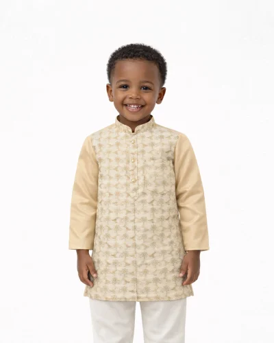 Maurya Vastra Champagne Gold Embroidered Boys Kurta