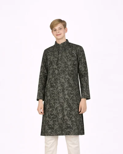 Maurya Vastra Dark Sage Green Floral Brocade Kurta