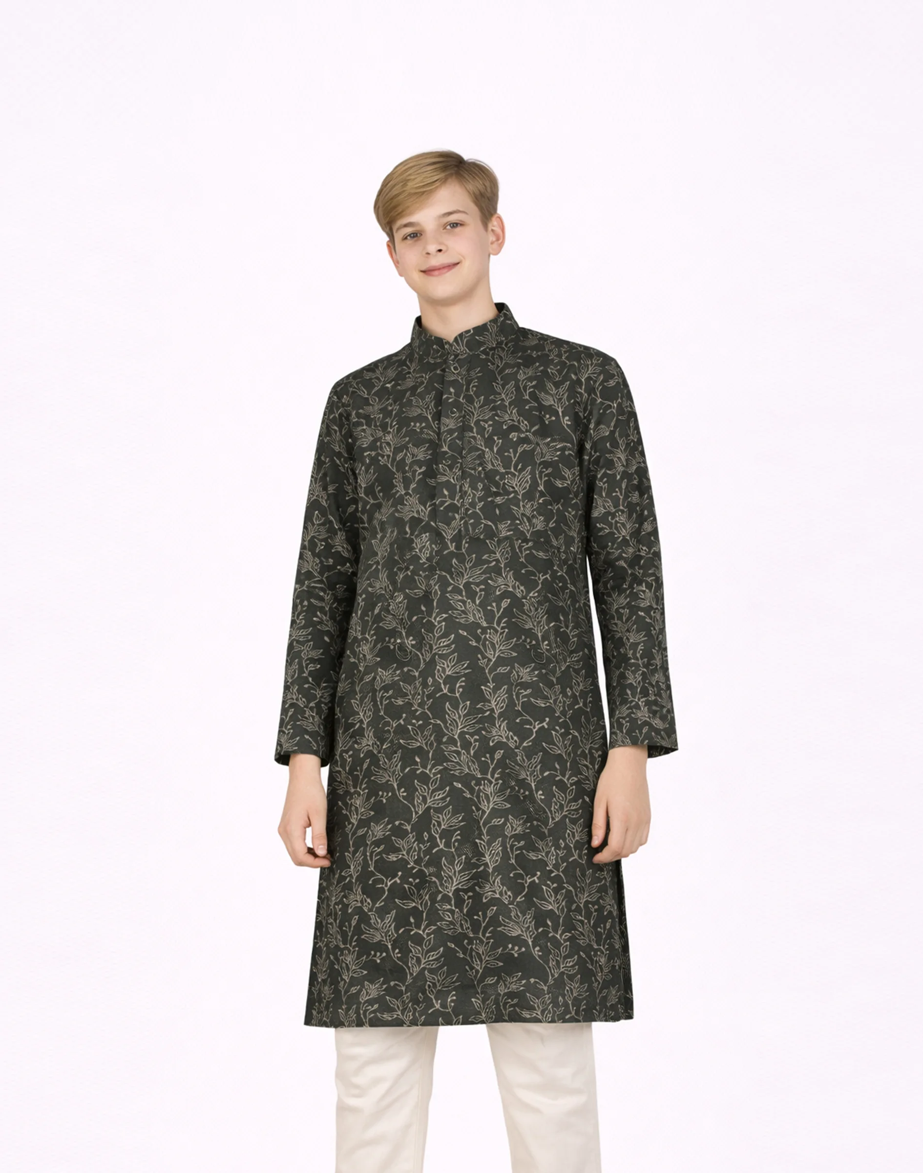 Maurya Vastra Dark Sage Green Floral Brocade Kurta (2)