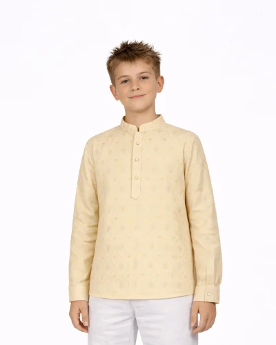 Maurya Vastra Ivory Gold Designer Silk Jacquard Kurta Shirt