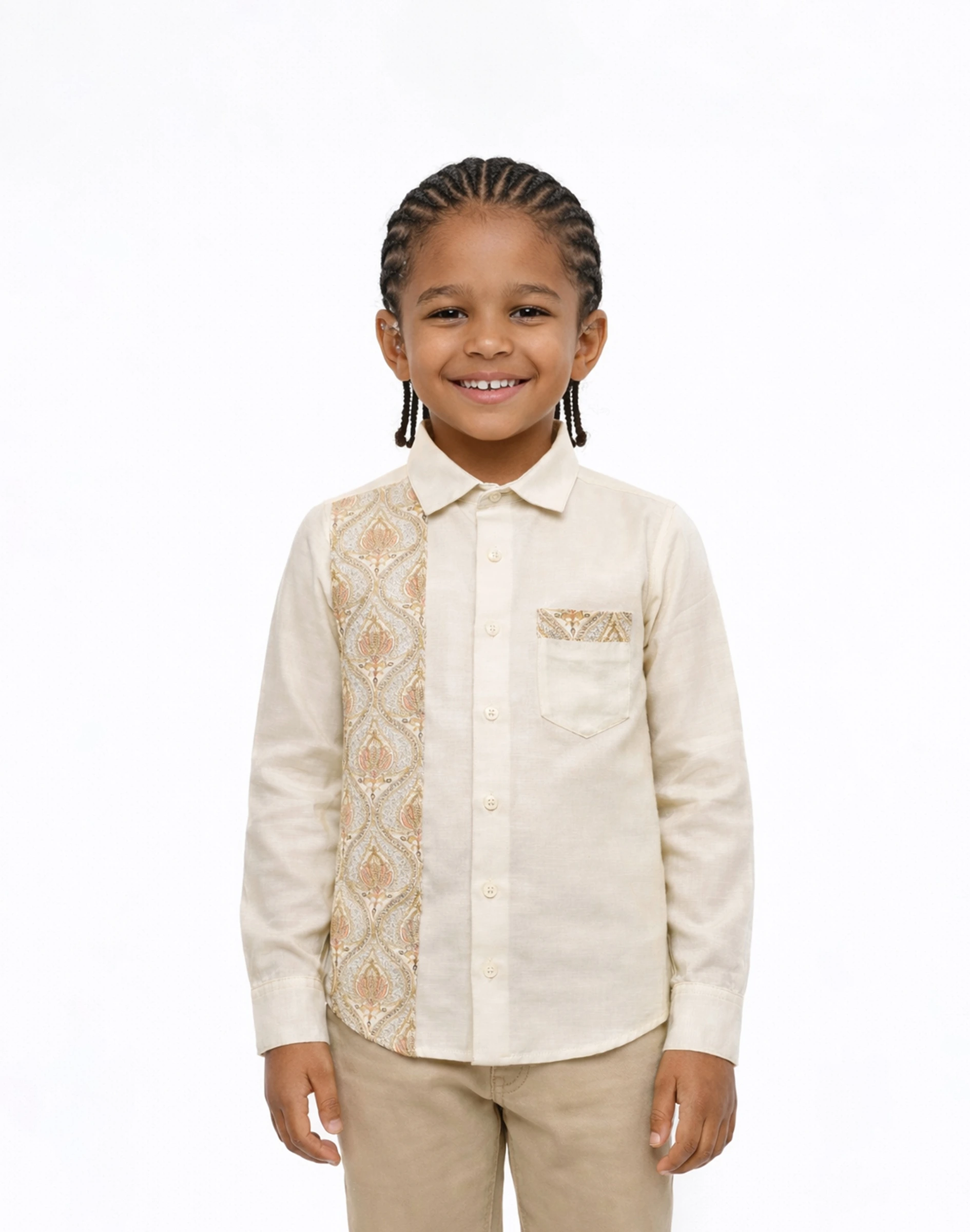 Maurya Vastra Ivory Gold Embroidered Panel Kids Shirt (1)
