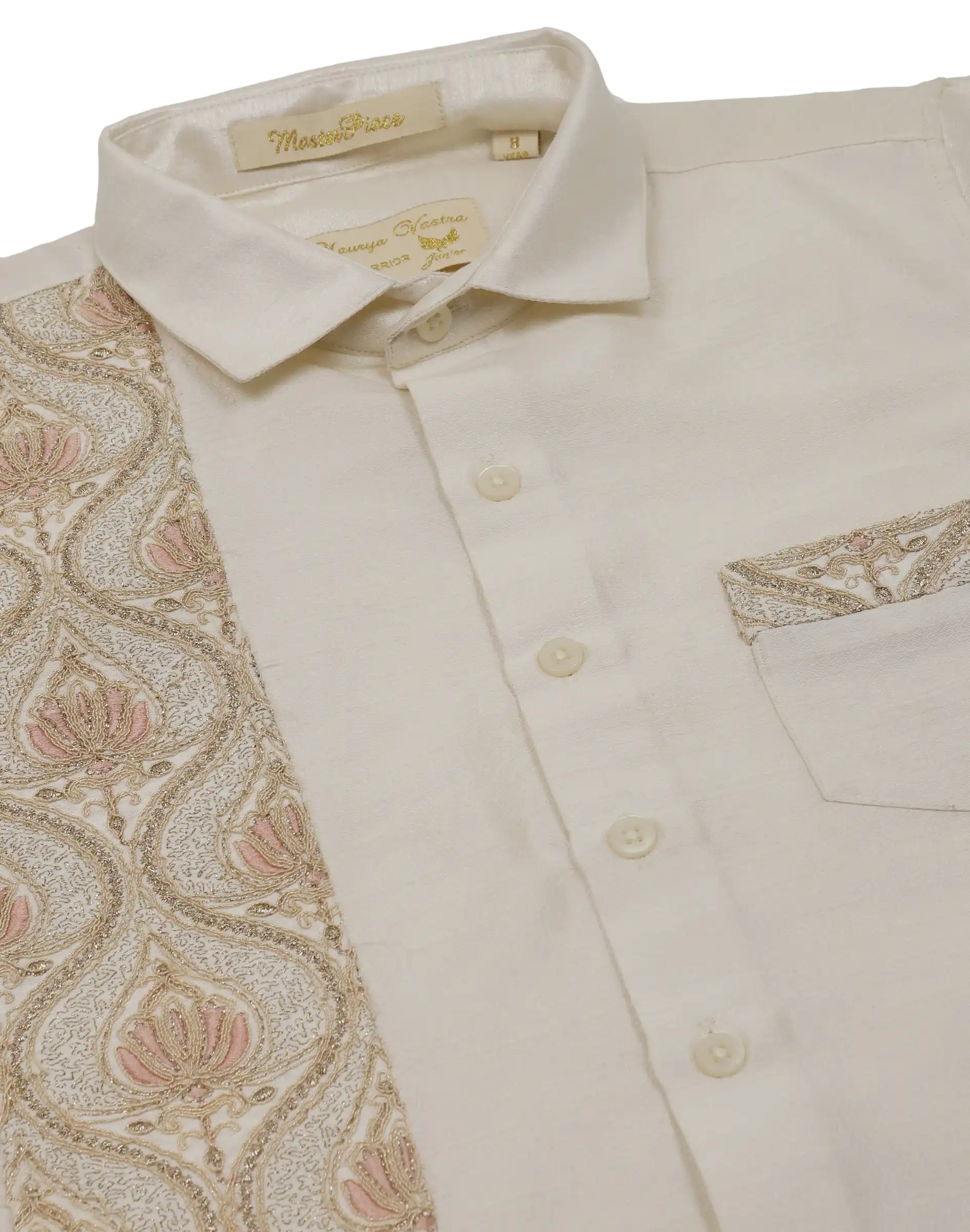 Maurya Vastra Ivory Gold Embroidered Panel Kids Shirt (3)