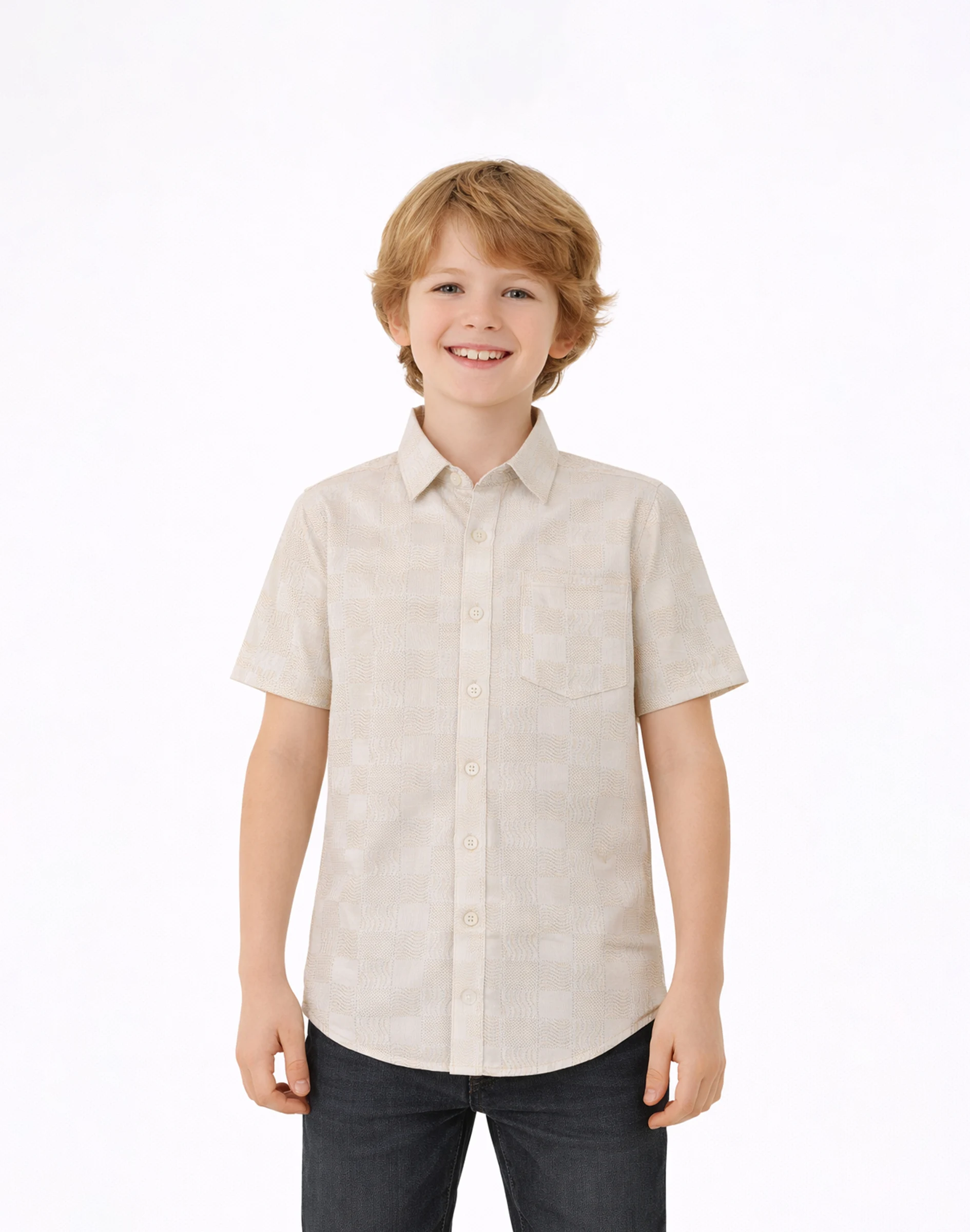 Maurya Vastra Ivory Textured Check Embroidered Kids Shirt (2)