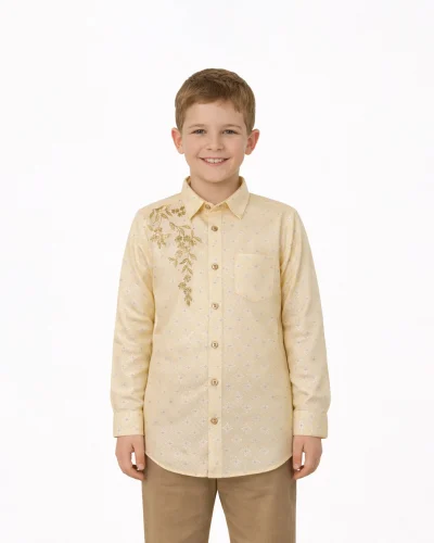 Maurya Vastra Kid’s Cream Brocade Gold Embroidered Shirt