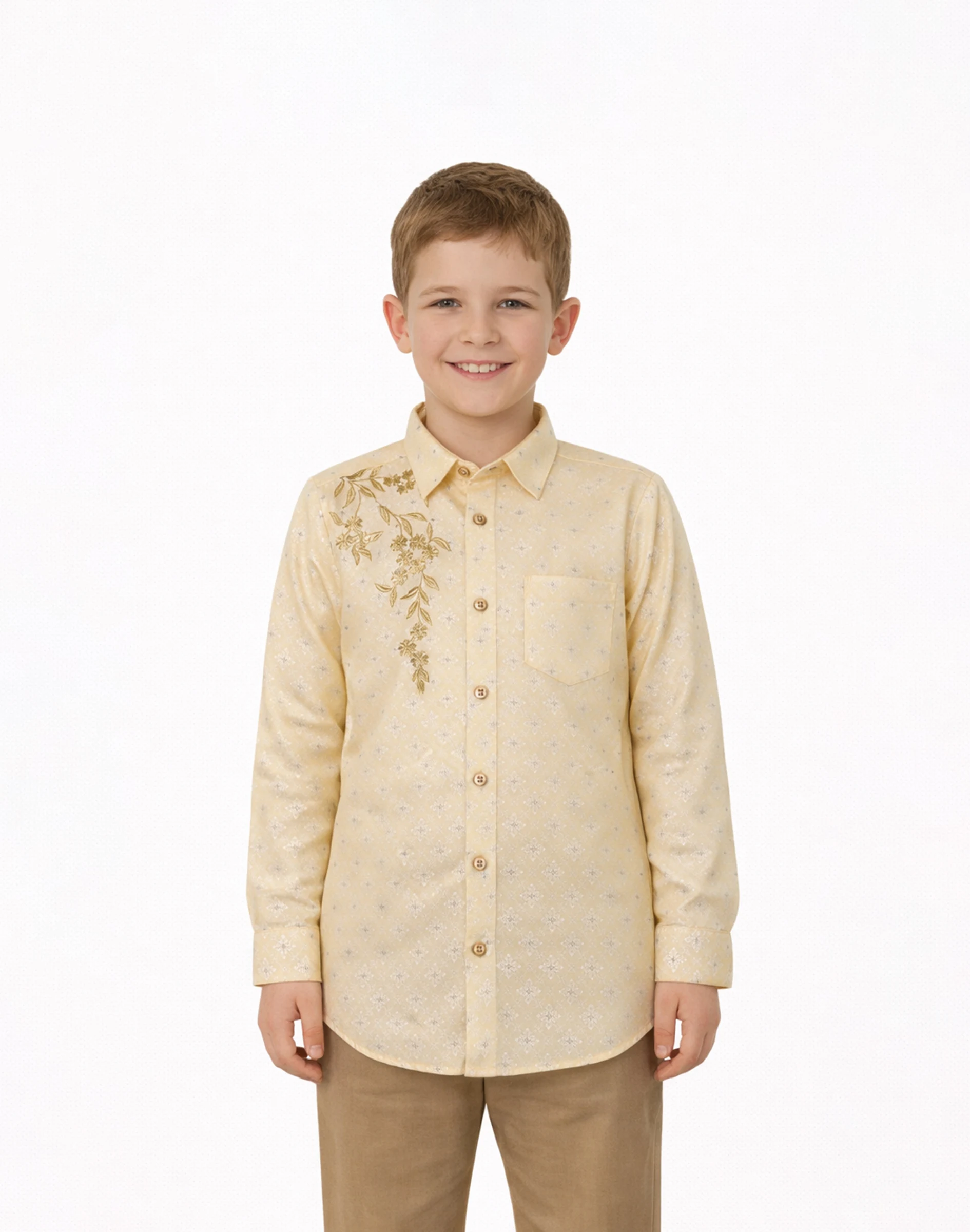 Maurya Vastra Kid’s Cream Brocade Gold Embroidered Shirt (1)
