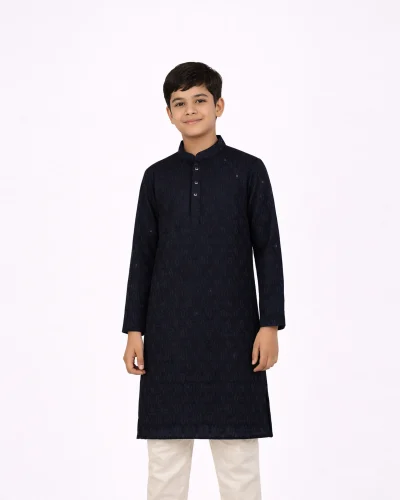 Maurya Vastra Kids Designer Navy Blue Jacquard Kurta