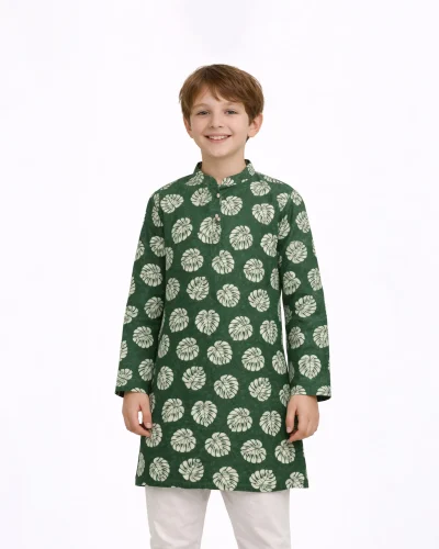 Maurya Vastra Kid’s Forest Green Leaf Print Long Kurta