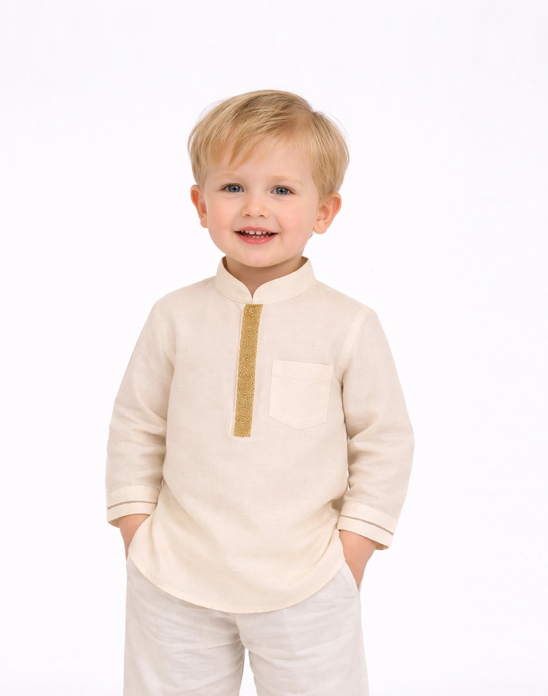 Maurya Vastra Kid’s Ivory Gold Embroidered Kurta (1)