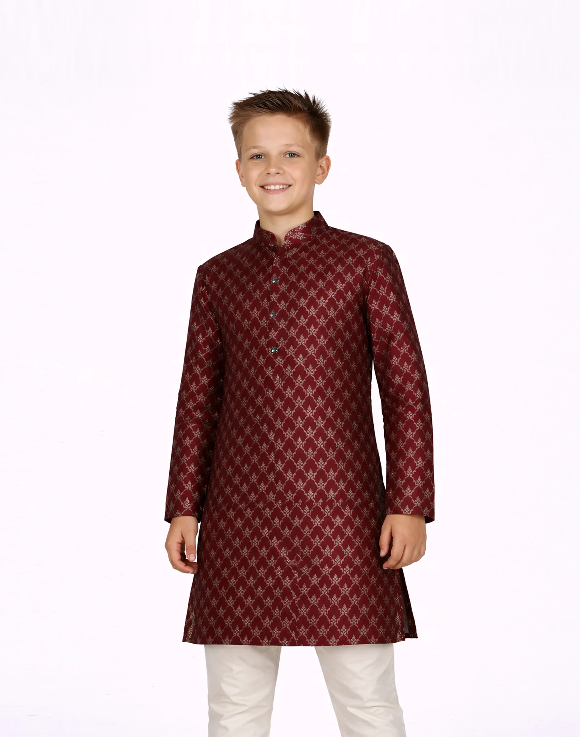 Maurya Vastra Kids Maroon Designer Silk Brocade Kurta (1)