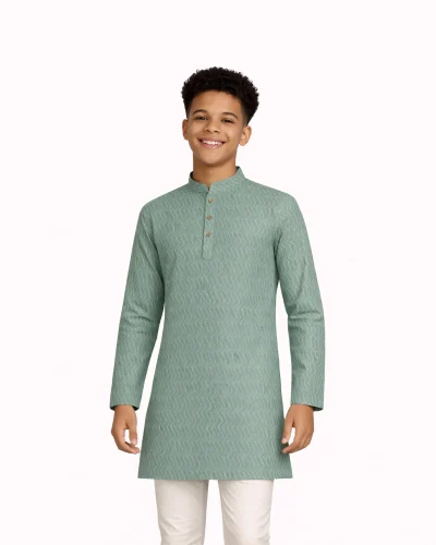 Maurya Vastra Sage Green Textured Kids Kurta – Subtle Festive Charm