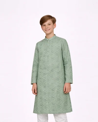 Maurya Vastra Sage Green Textured Sequins Kids Kurta