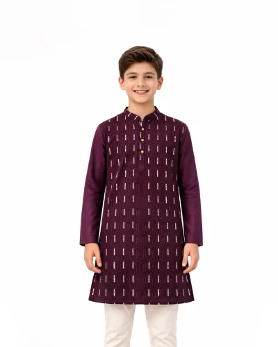 Maurya Vastra Wine Purple Embroidered Silk Kids Kurta
