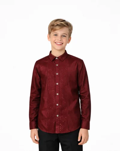Scotwilson Burgundy Sequin Panel Party Full Sleeve Shirt