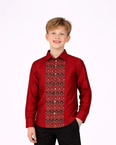 Scotwilson Kids Maroon Embroidered Panel Full Sleeve Shirt