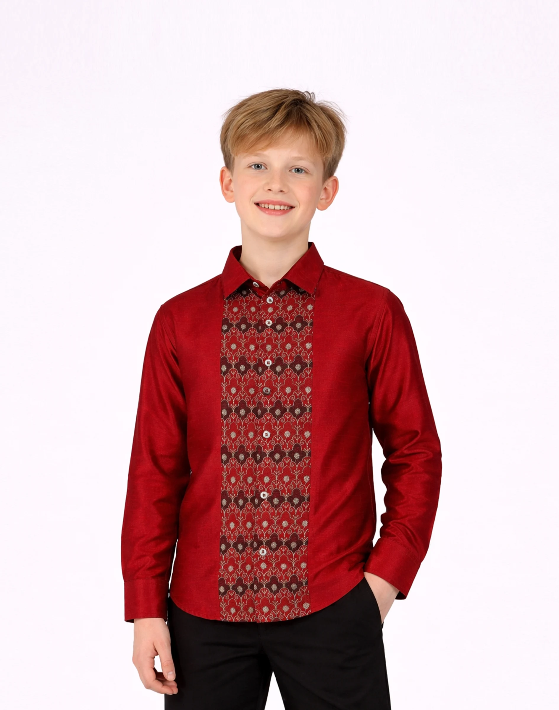 Scotwilson Kids Maroon Embroidered Panel Full Sleeve Shirt (1)