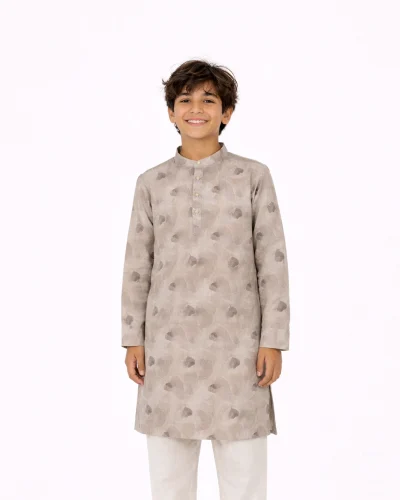 Warrior Boys Beige Leaf Printed Cotton Kurta