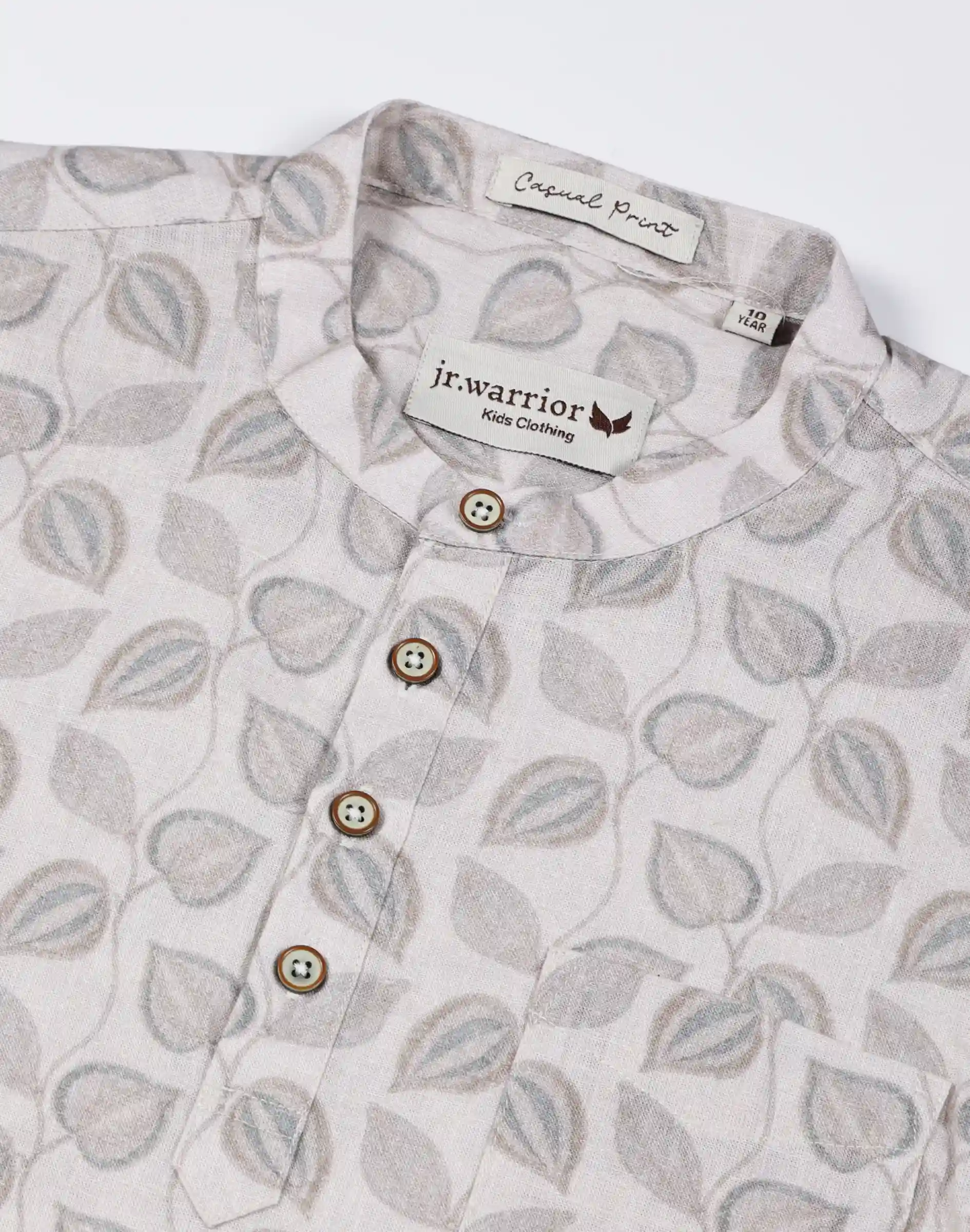 Warrior Boys Cotton Light Grey Leaf Print Ethnic Kurta (1)