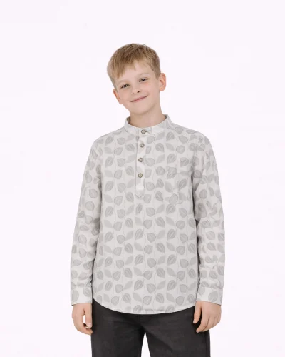 Warrior Boys Cotton Light Grey Leaf Print Ethnic Kurta