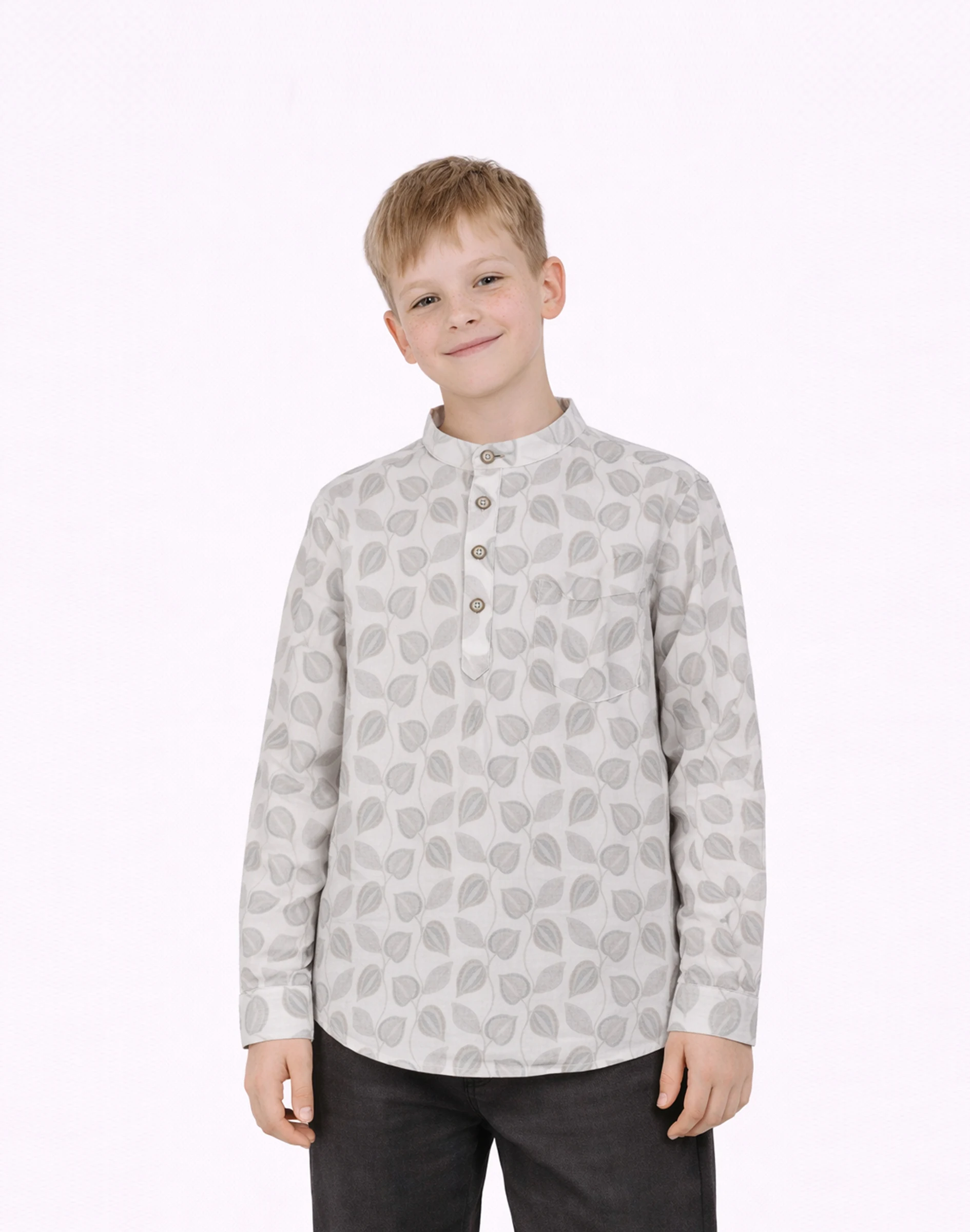 Warrior Boys Cotton Light Grey Leaf Print Ethnic Kurta (3)