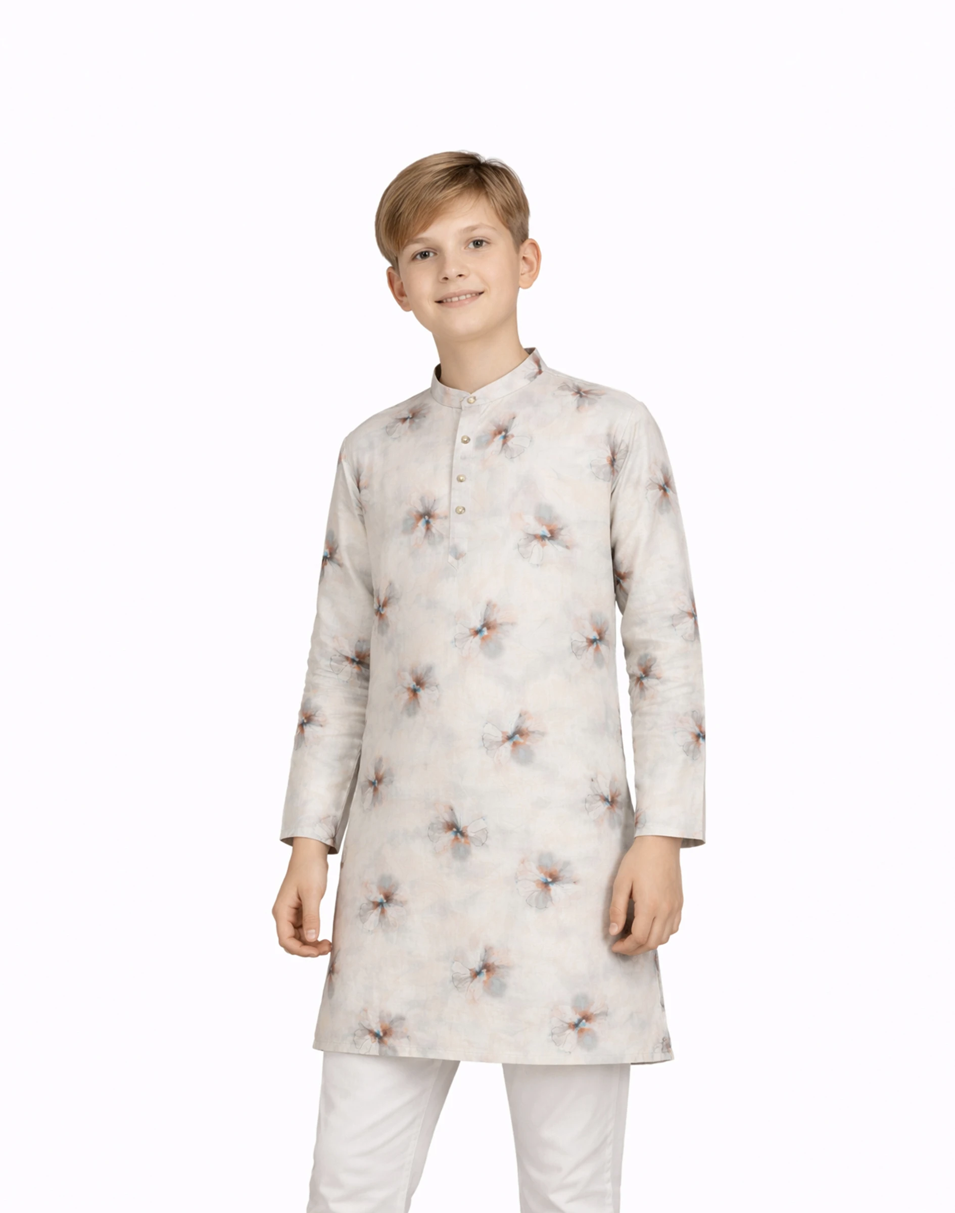 Warrior Boys Ivory Floral Printed Cotton Kurta (3)
