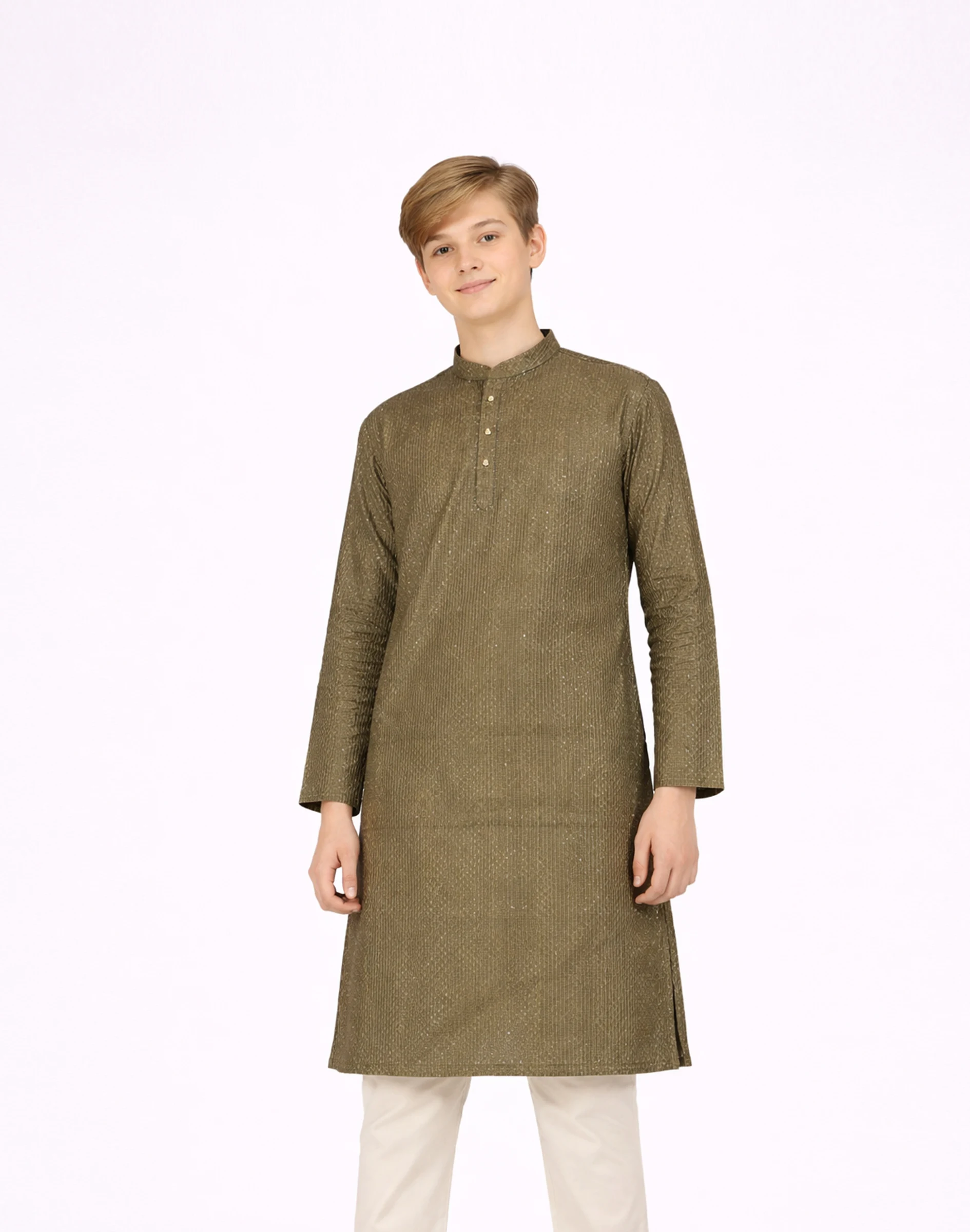 Warrior Boys Olive Textured Sequin Festive Kurta (1)