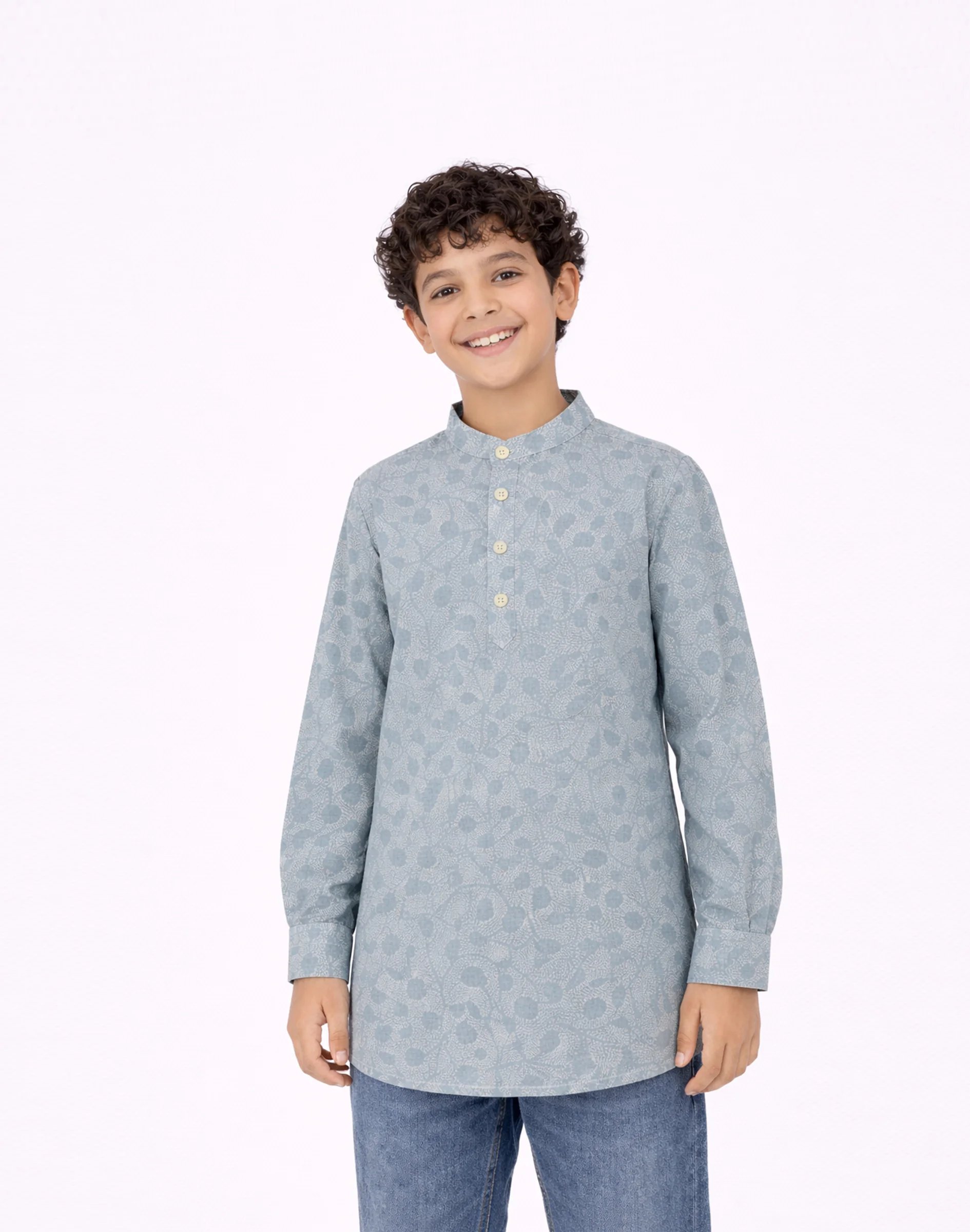 Warrior Boys Sky Blue Floral Design Printed Cotton Kurta (3)