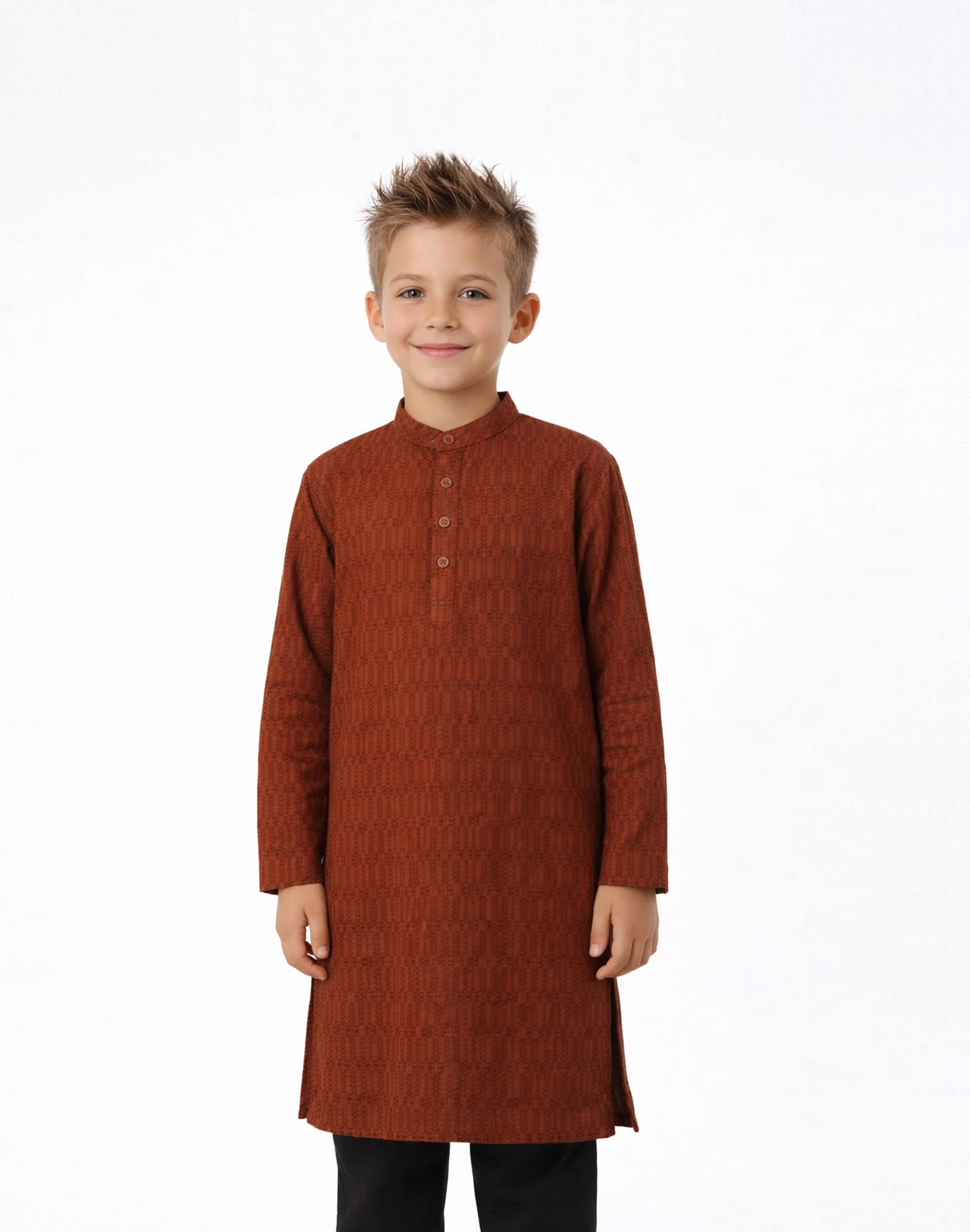 Warrior Boys Textured Rust Brown Ethnic Cotton Kurta (3)
