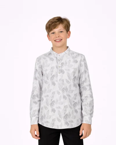 Warrior Boys White Leaf Design Printed Cotton Kurta
