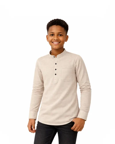 Warrior Junior Sand Beige Textured Mandarin Collar Kids Kurta