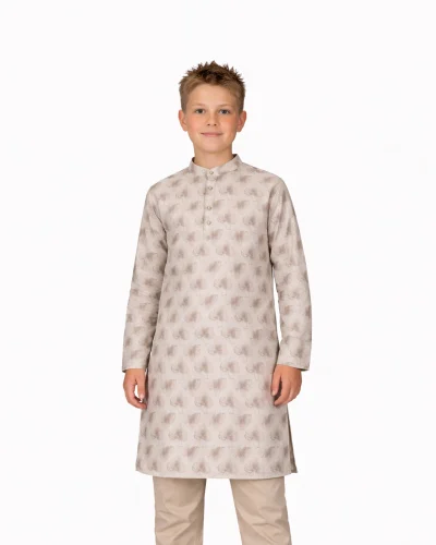 Warrior Kids Beige Floral Print Mandarin Collar Kurta