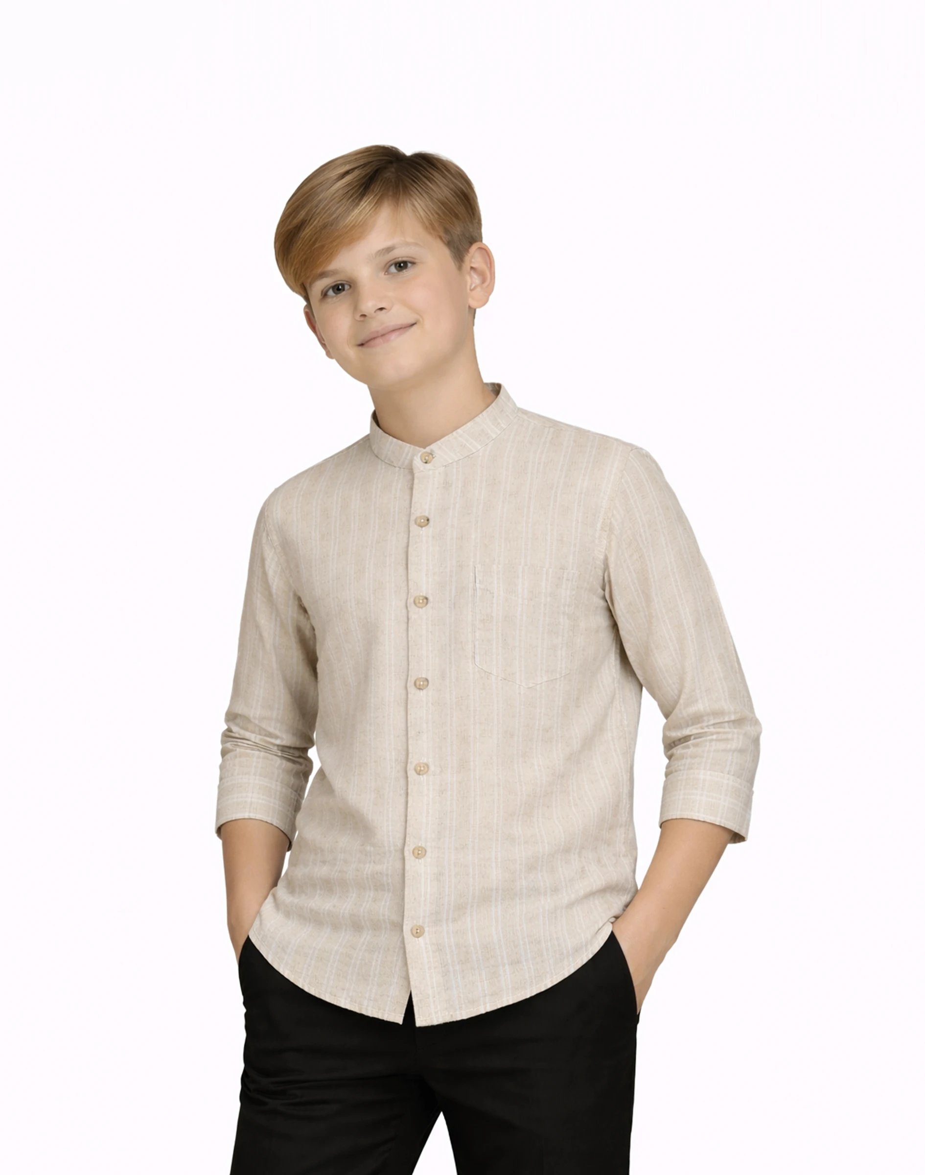 Warrior Kids Beige Striped Cotton Mandarin Collar Shirt (3)