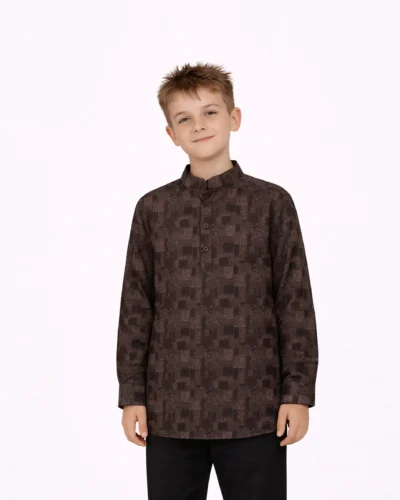 Warrior Kids Brown Abstract Print Mandarin Collar Kurta