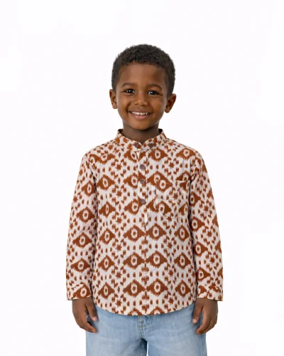 Warrior Kid’s Cream & Brown Ikat Printed Cotton Kurta