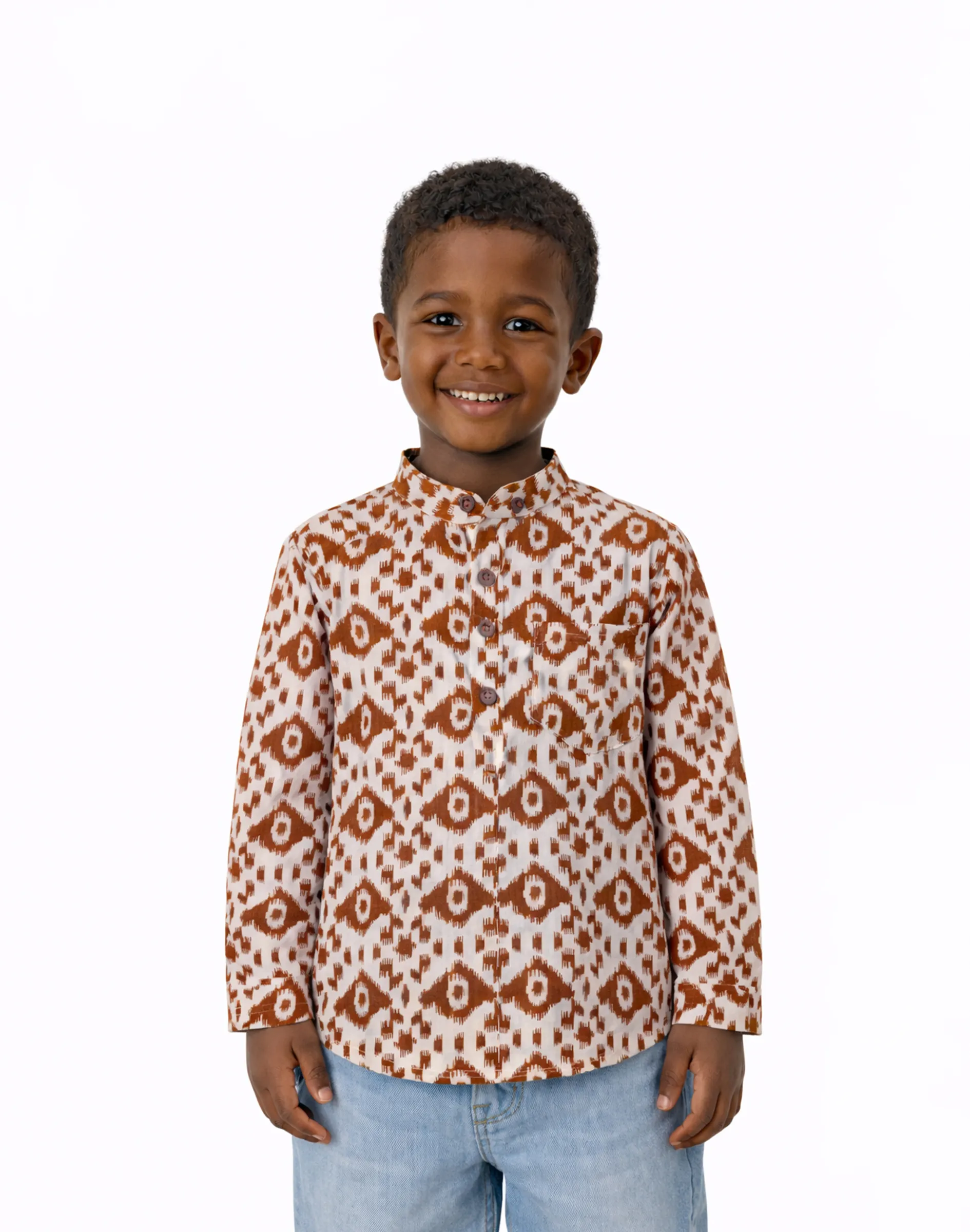 Warrior Kid’s Cream & Brown Ikat Printed Cotton Kurta (1)