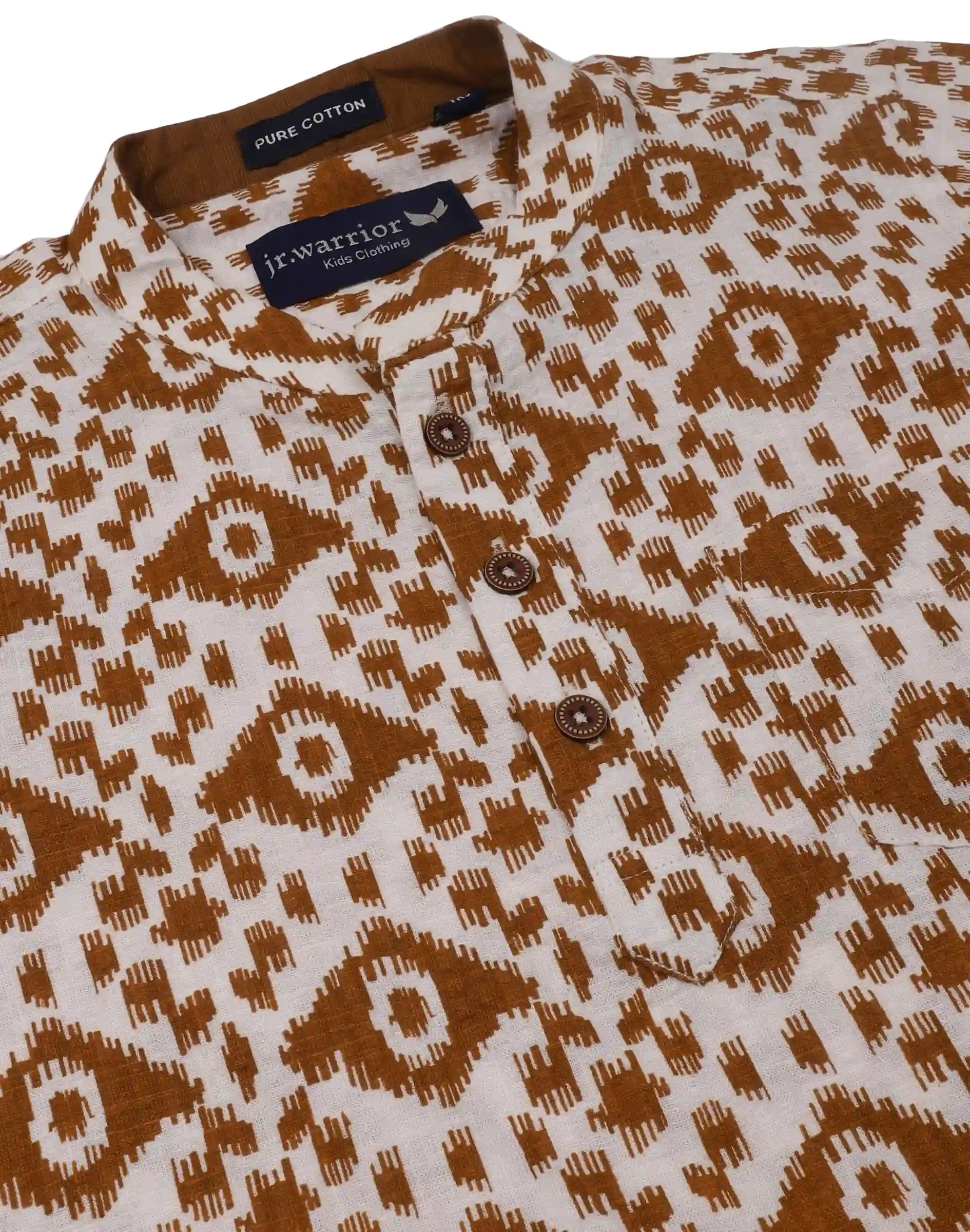 Warrior Kid’s Cream & Brown Ikat Printed Cotton Kurta (3)