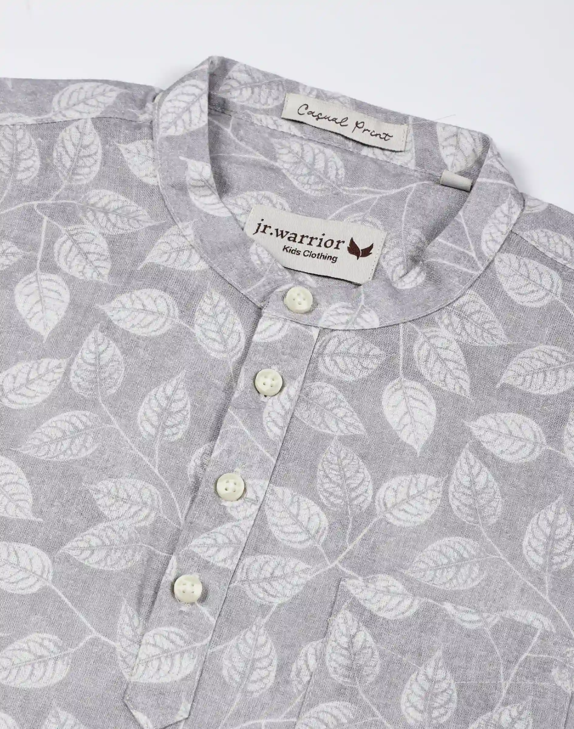 Warrior Kids Gray Leaf Printed Cotton Urban Kurta (1)