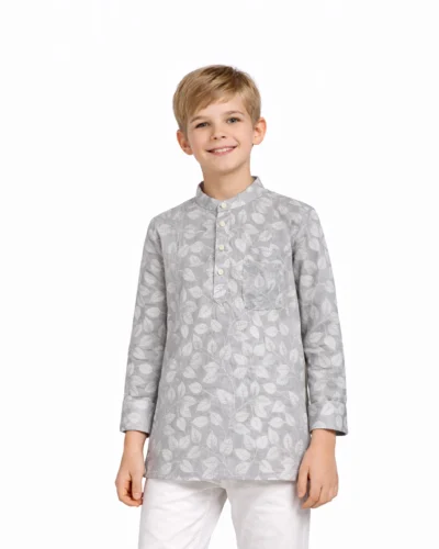 Warrior Kids Gray Leaf Printed Cotton Urban Kurta