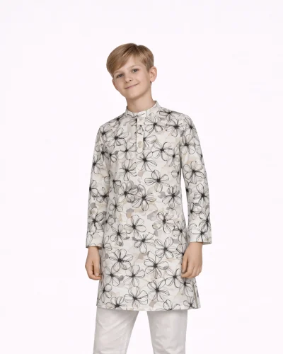 Warrior Kids Ivory Floral Printed Cotton Kurta