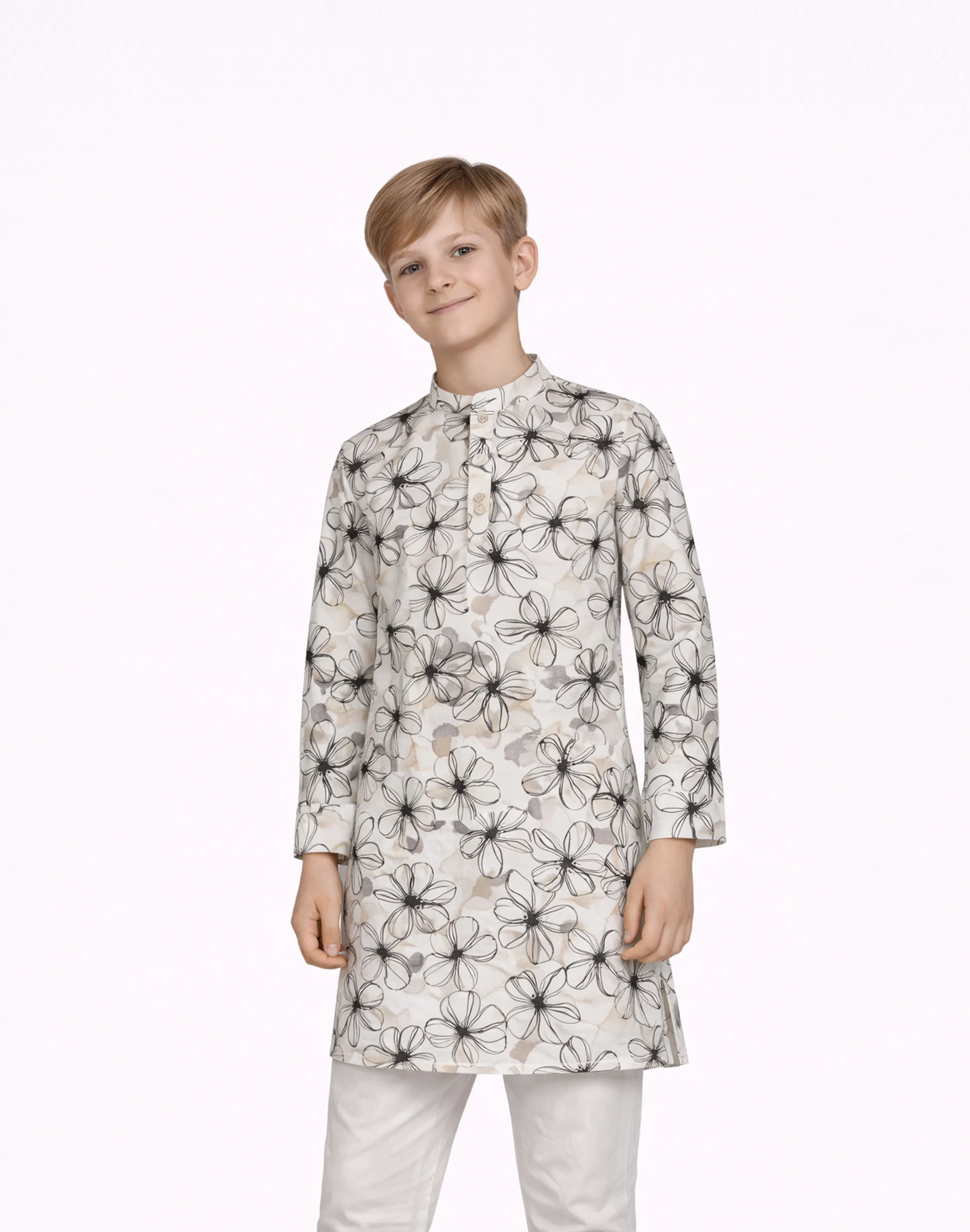 Warrior Kids Ivory Floral Printed Cotton Kurta (3)