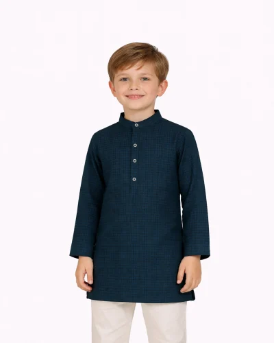Warrior Kids Midnight Teal Textured Cotton Kurta