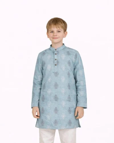 Warrior Sky Blue Heritage Motif Mandarin Collar Kurta